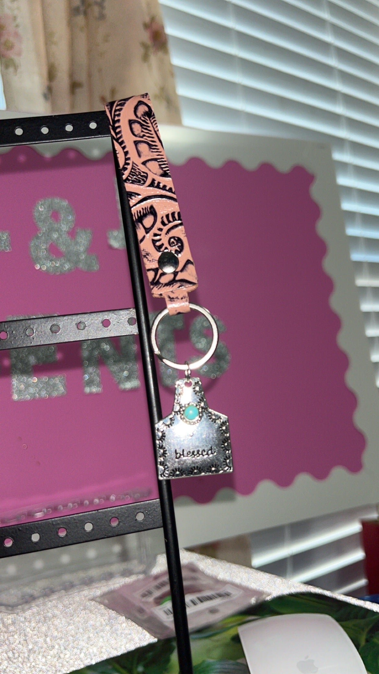 Genuine Leather Vintage Pattern Keychain W/ Blessed Pendant