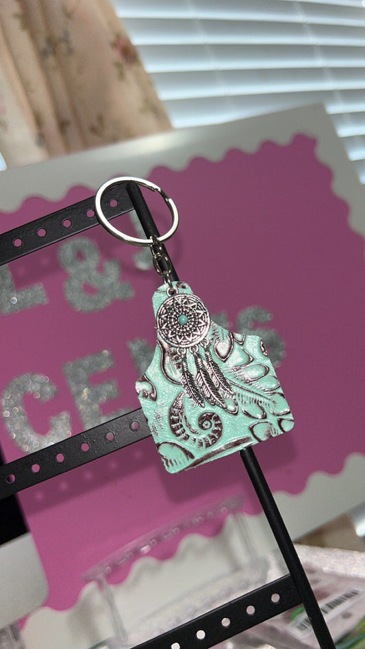 Turquoise Leather Cow Tag Keychain w/ Dream Catcher Pendant ￼